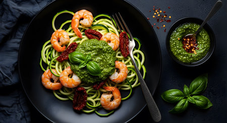 Delicious Shrimp zucchini pasta with pesto sauce and dried tomatoes on black plate. Gourmet cuisine concept. Healthy spiralized vegetable noodles with tasty seafood. Flat lay closeup.の素材