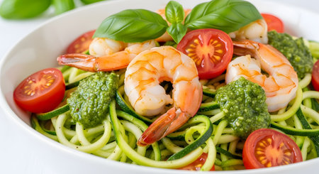 Zucchini noodles with shrimp cherry tomatoes and pesto served in white bowl. Healthy low carb keto lunch or dinner. Close up delicious vegetable dish with fresh seafood and herbs.の素材
