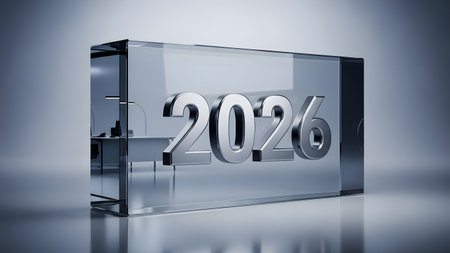 Transparent block with silver 2026 number inside. Abstract design concept with glass cube. Creative still life composition in neutral grey background on studio shot. 3d render of block.の素材