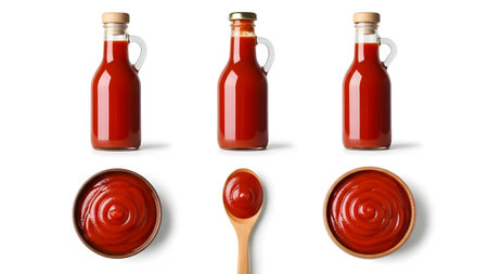 Arrangement of three glass bottles filled with red ketchup and three servings of ketchup in bowls and a spoon. The rich, vibrant sauce is displayed in various forms against a clean white background, showcasing condiment.の素材