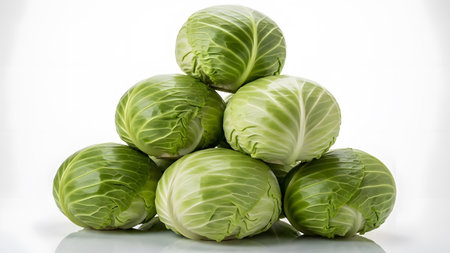 Six fresh green cabbages are neatly stacked in a pyramid shape on a clean white background. This image showcases fresh produce, healthy eating, and natural ingredients. Ideal for promoting healthy recipes, farmers markets, and sustainable agriculture.の素材