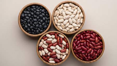 Overhead view of four wooden bowls filled with various dried beans: black beans, cannellini beans, pinto beans, and kidney beans, neatly arranged on a neutral grey background, showcasing diverse colors and textures.の素材