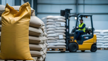 Forklift operates in large industrial warehouse, moving numerous stacked sacks of goods. A worker in high visibility vest drives vehicle, emphasizing logistics, storage, and supply chain themes. Focus on operations and organized distribution, with merchandise ready for shipment.の素材