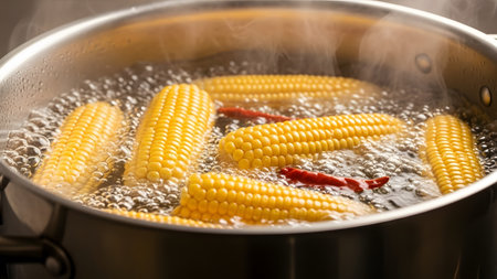 Fresh yellow corn on the cob is boiling in a metal pot with bubbling water. Several red chili peppers are also in the pot, adding a touch of spice. This image evokes concepts of cooking, healthy eating, summer harvest, and delicious culinary preparations.の素材