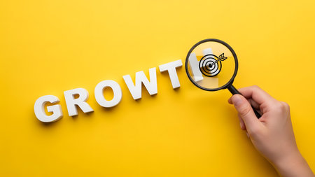 The word "GROWTH" in white 3D letters diagonally across a vibrant yellow background, with a magnifying glass held by a hand over the "TH" focusing on a target symbol. Concept of business development, strategic planning, and success achievement through careful examination and aiming for specific objectives.の素材