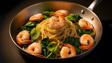 Gourmet shrimp pasta with fresh spinach, served in a sleek pan. This elevated view highlights perfectly cooked spaghetti, succulent shrimp, and vibrant green spinach, creating an appealing image for healthy seafood recipes, Italian cuisine, and home cooking. Delicious and well presented meal.の素材