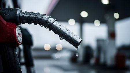 Detailed view of metal gas pump nozzle with water droplets and fuel dripping. Set against blurred background of fuel station. Captures essence of energy and transportation.の素材