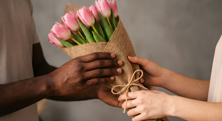 Hands exchanging a bouquet of pink tulips wrapped in burlap. Man passing flowers to woman. Gift, surprise, romance, appreciation, spring season.の素材