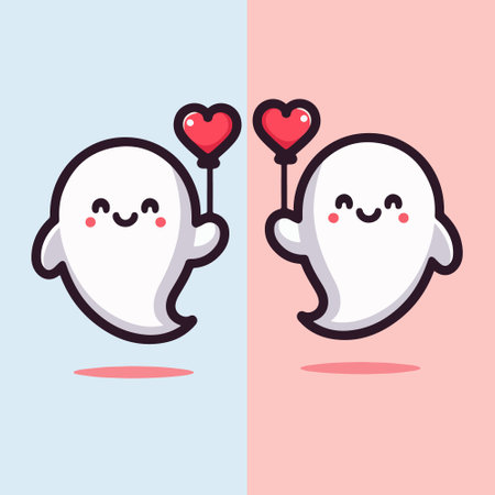 Cute Smiling Ghost Holding Heart Balloon Halloween Designsのイラスト素材