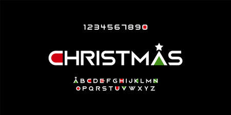 Christmas font. Holiday typography alphabet with season wishes and festive illustrations. Type design for holiday new year celebration.のイラスト素材