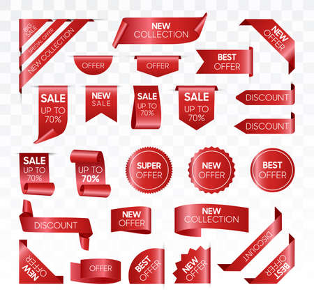 Business sale badge collection in red, 3d illustration. Price tag and best sale collection vector template. New collection offers.のイラスト素材