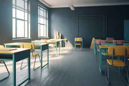 School classroom with chairs and deskの素材
