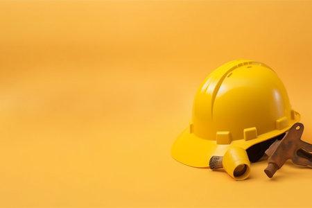Safety helmet on a yellow background, labor day concept with copy spaceの素材