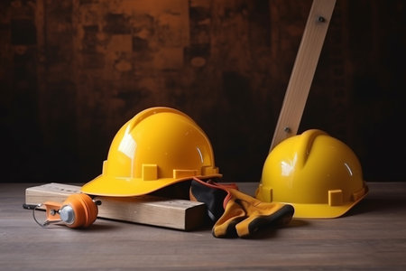 Hard hat and construction tools on a wooden backgroundの素材