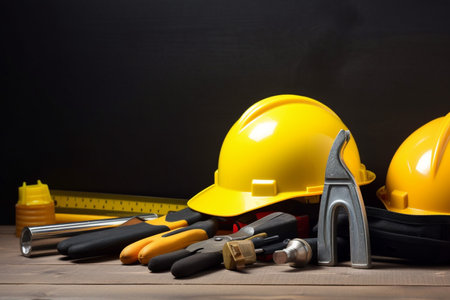 Set of construction tools on wooden table, black backgroundの素材
