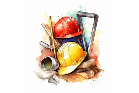 Hand-drawn watercolor illustration of construction tools on white backgroundの素材