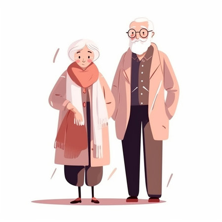 Senior man and woman standing together, vector illustration in cartoon styleの素材