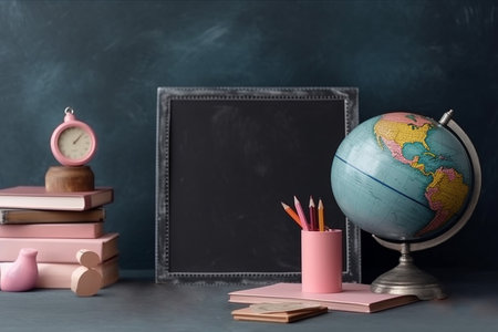International Literacy Day concept, blackboard, globe, books, pencilsの素材