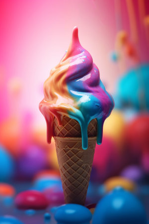Ice cream in waffle cone and colorful candies blurr backgroundの素材