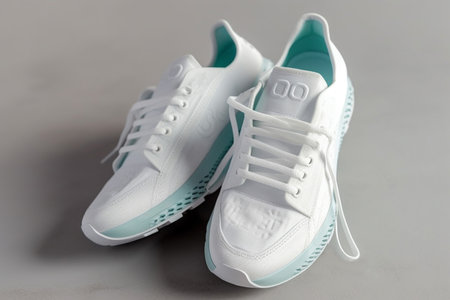 Pair of white sneakers isolated on grey backgroundの素材
