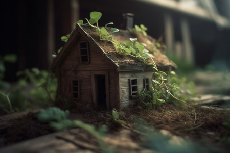 Miniature wooden house with green plant in the gardenの素材