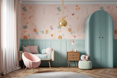 Interior of child room with blue walls, wooden floor, pink armchair and vintage cabinet. 3d renderの素材