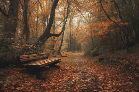 Autumn forest with bench and fallen leaves in foggy dayの素材