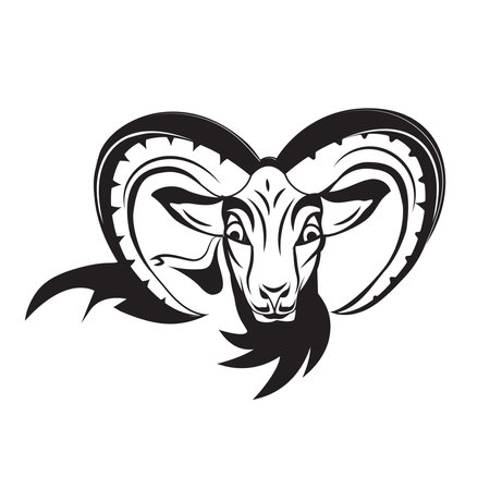 Vector image of a sheep head with big horns on a white backgroundのイラスト素材