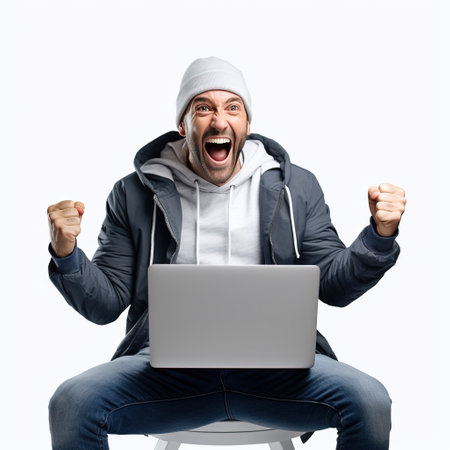 happy man with a laptop celebrating success on a white background. Isolatedの素材