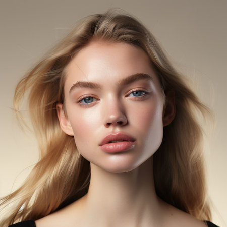 Beautiful young woman with long blond hair and blue eyes. Studio shot.の素材