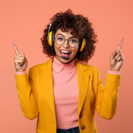 excited african american woman in yellow jacket and headphones pointing with fingers at copy space isolated on orangeの素材