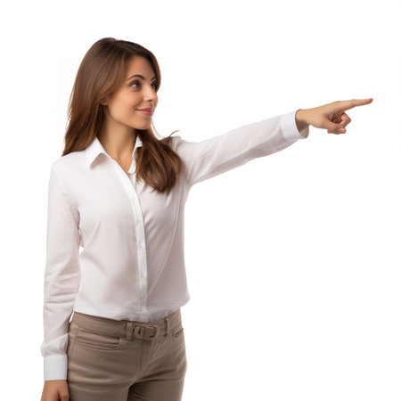 Portrait of a young business woman pointing at copy space on white backgroundの素材