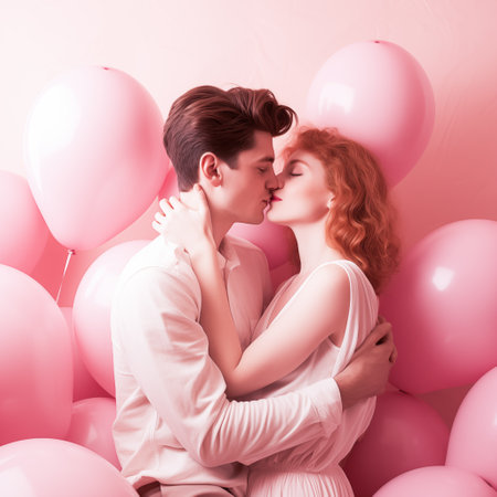 Portrait of a young couple in love embracing each other on a pink background with balloons.の素材