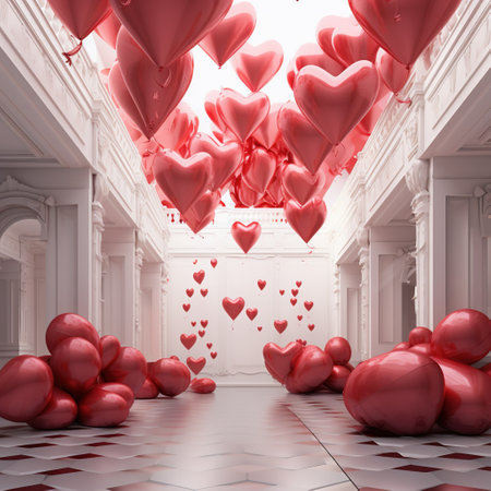Valentine's day background with red heart balloons, 3d renderの素材
