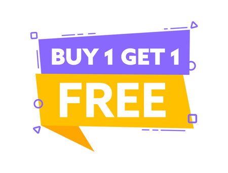 Speech bubble with the word Buy 1 Get 1 Free yellow label. Vector stock illustrationのイラスト素材