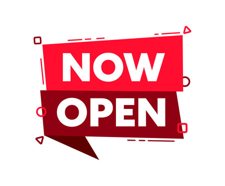Speech bubble with the word Now Open red label. Vector stock illustrationのイラスト素材