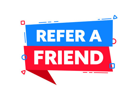 Speech bubble with the word Refer a friend blue and red label. Vector stock illustrationのイラスト素材