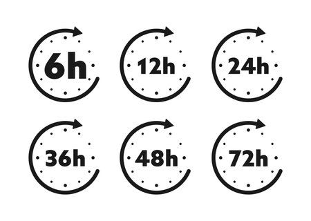 12, 24, 36, 48 and 72 hours clock arrow. Working and Delivery service effect time icons. Order execution. Vector stock illustrationのイラスト素材
