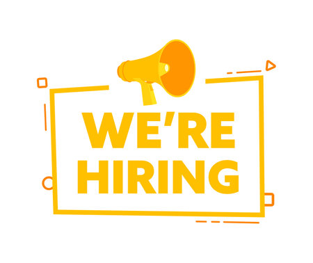 Megaphone with We are hiring speech bubble banner. Promotion and advertising label. Vector stock illustrationのイラスト素材