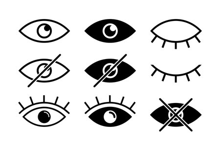 See and unsee eyes icon set. Hide and unhide symbol. Sensitive content. Vector stock illustrationのイラスト素材