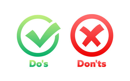 Dos and Donts label sticker. Green check mark yes and red cross no icon. Vector stock illustrationのイラスト素材