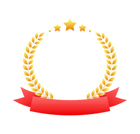 Gold Award laurel frame wreath. Winner award label and red ribbon. Vector stock illustrationのイラスト素材