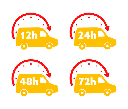 12, 24, 36, 48 and 72 hours clock arrow. Working and Delivery service effect time icons. Order execution. Vector stock illustrationのイラスト素材