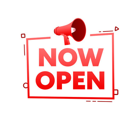 Megaphone with Now open speech bubble banner. Promotion and advertising label. Vector stock illustrationのイラスト素材
