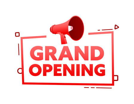 Megaphone with Grand opening speech bubble banner. Promotion and advertising label. Vector stock illustrationのイラスト素材