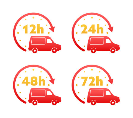 12, 24, 36, 48 and 72 hours clock arrow. Working and Delivery service effect time icons. Order execution. Vector stock illustrationのイラスト素材