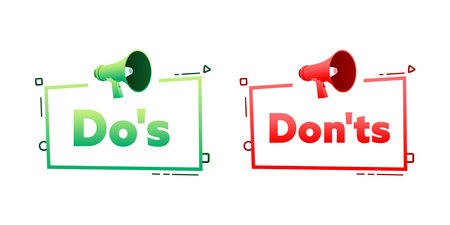 Megaphone with Dos and Donts speech bubble banner. Promotion and advertising label. Vector stock illustrationのイラスト素材