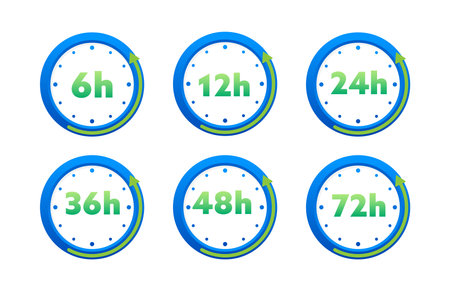 12, 24, 36, 48 and 72 hours clock arrow. Working and Delivery service effect time icons. Order execution. Vector stock illustrationのイラスト素材