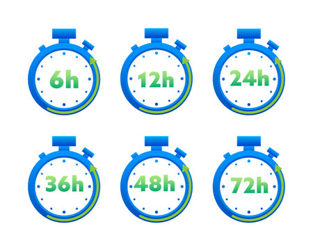 12, 24, 36, 48 and 72 hours clock arrow. Working and Delivery service effect time icons. Order execution. Vector stock illustrationのイラスト素材