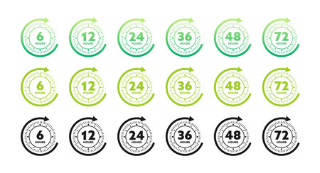 12, 24, 36, 48 and 72 hours clock arrow. Working and Delivery service effect time icons. Order execution. Vector stock illustrationのイラスト素材